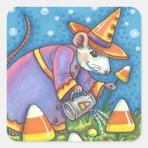 WHITE MOUSE IN CANDY CORN GARDEN, COLORFUL & CUTE SQUARE STICKER