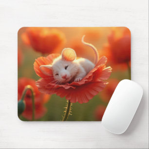 White Mouse Resting On a Red Poppy Pad