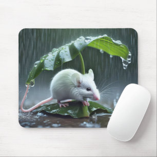 White Mouse Staying Dry Under Big Leaf Mouse Pad