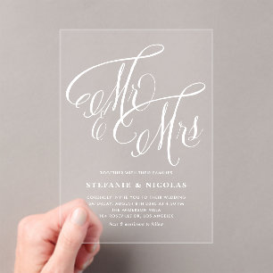 White Mr. and Mrs. Rustic Calligraphy Wedding Acrylic Invitations