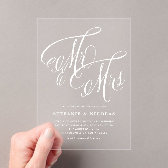 White Mr. and Mrs. Rustic Calligraphy Wedding  Acrylic Invitations (Insitu (Handheld))