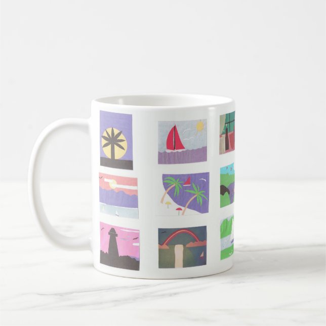 White Mug with Beach and Nature Scenes (Left)