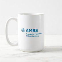 White mug with blue AMBS logo