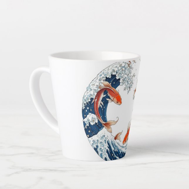 White mug with Japanese fish design (Left Angle)
