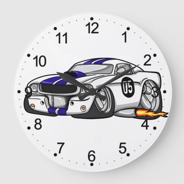 White muscle car cartoon - Choose background color Large Clock (Front)