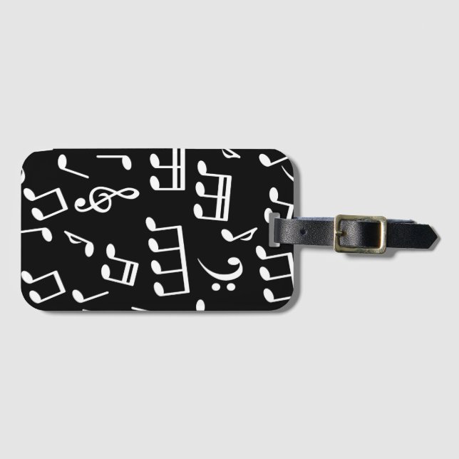 White Music Notes on Black Background Luggage Tag (Front Horizontal)