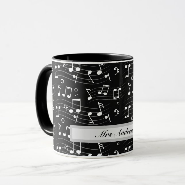 White music notes on black background  mug (Front Left)