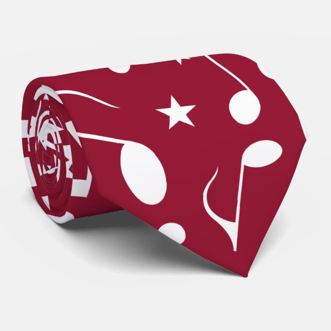 White Music Notes on Burgundy Tie (Rolled)