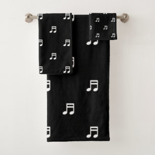 White Music Notes Pattern on Black Bath Towel Set
