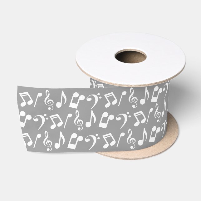 White Music Notes (Silver Grey) Satin Ribbon (Spool)