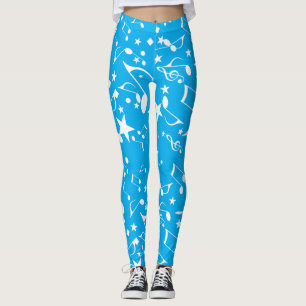 White Musical Notes on Blue Leggings