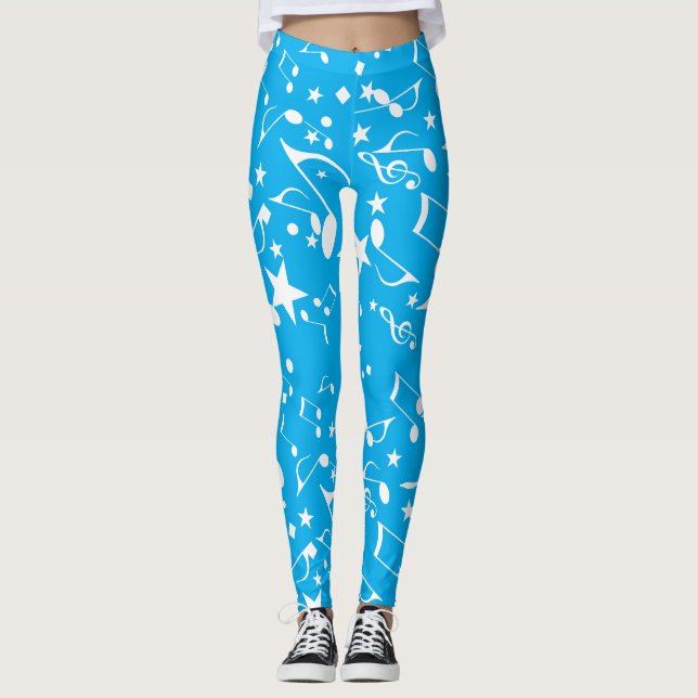 White Musical Notes on Blue Leggings (Front)