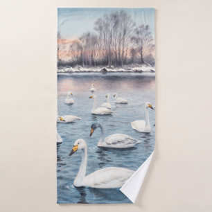 White mute swan on a lake. Watercolor paintingswan Bath Towel