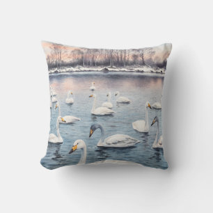 White mute swan on a lake. Watercolor paintingswan Cushion