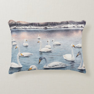 White mute swan on a lake. Watercolor paintingswan Decorative Cushion