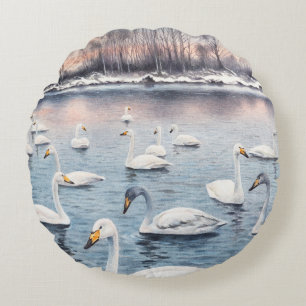 White mute swan on a lake. Watercolor paintingswan Round Cushion