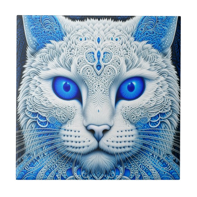 White Mystical Cat Ethereal AI Art Tile (Front)