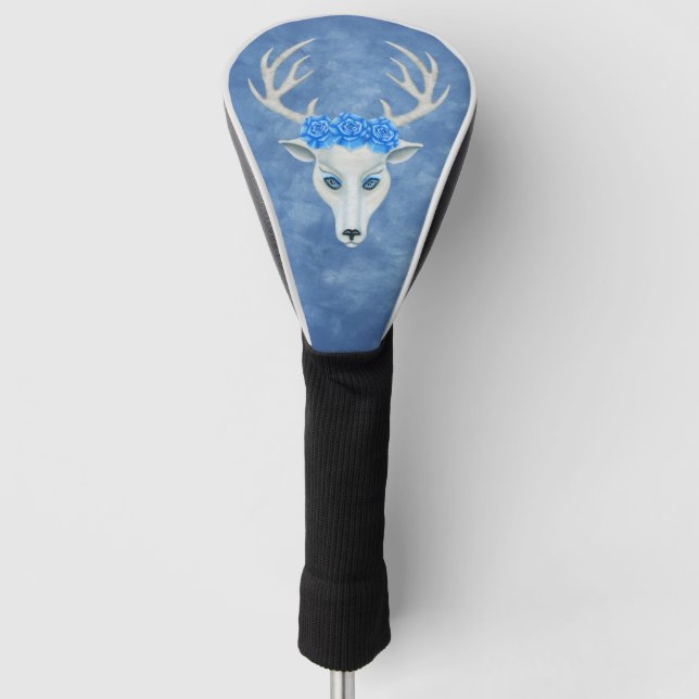 White Mystical Deer Head Roses Antlers on Blue Golf Head Cover (Front)