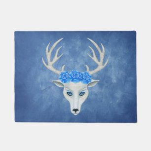 White Mythical Deer Head Antlers Wearing Roses  Doormat