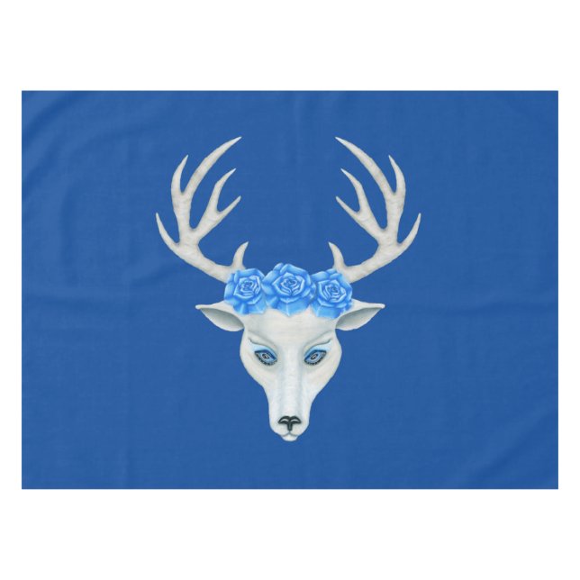 White Mythical Deer Wearing Blue Roses Big Antlers Tablecloth (Front (Horizontal))