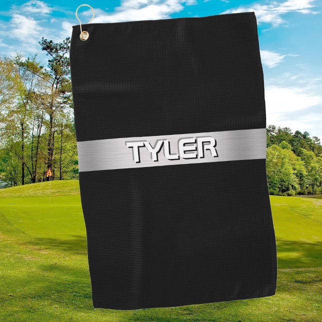 White Name, Brushed Silver Stripe, Black Golf Towel (Creator Uploaded)