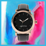 White Name Classy Rose Gold Men's Black Band Wrist Watch<br><div class="desc">This elegant rose gold stylish glam men's wrist watch is decorated with a black background, black band, and personalised with your name. You can easily change the name and delete the white tick marks if desired. What a wonderful gift for a best man, groomsman, usher, graduation, father's day, birthday, or...</div>