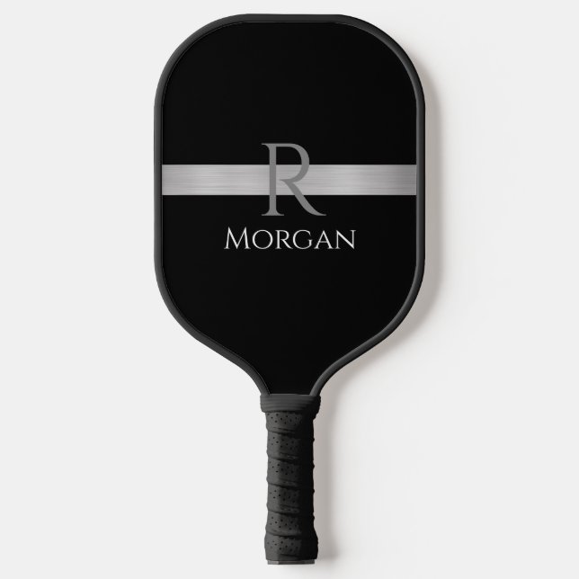White Name & Grey Monogram, Silver Bar on Black Pickleball Paddle (Front)
