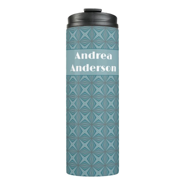 White name on Geometric retro Teal green pattern  Thermal Tumbler (Front)