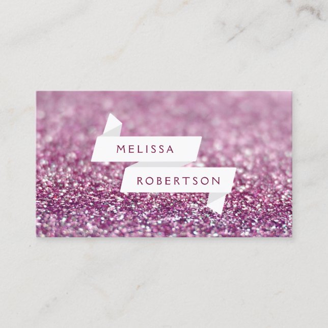 White Name Ribbon in Pink Glitter Business Card (Front)