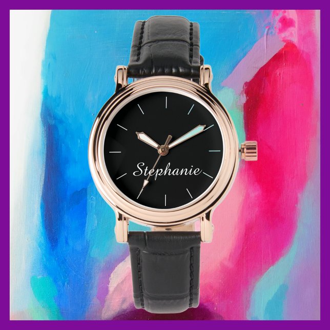 White Name Stylish Glam Rose Gold Black Band Wrist Watch (Creator Uploaded)