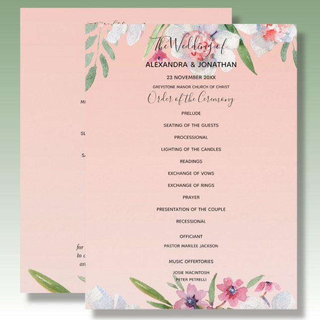 White Narcissus on Apricot Pink Wedding Program Programme (Creator Uploaded)