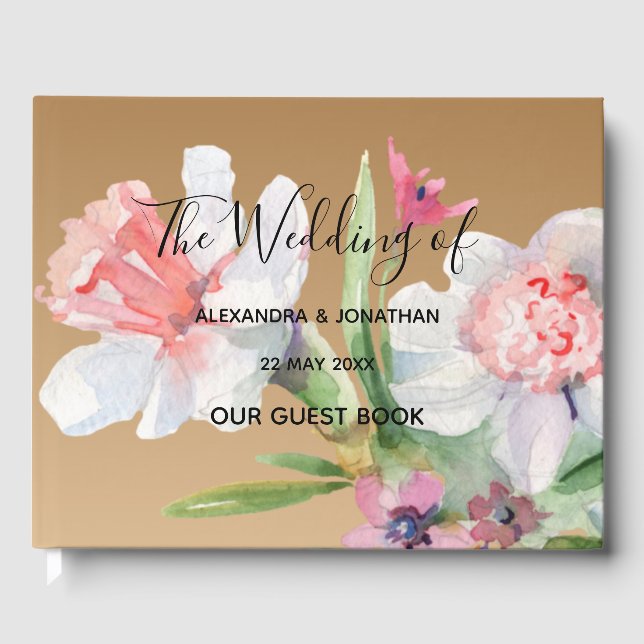 White Narcissus on Champagne Floral Wedding Guest Book (Front)