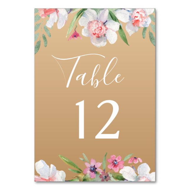 White Narcissus on Champagne Wedding Table Number (Front)