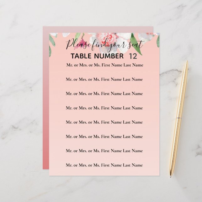 White Narcissus on Pink Wedding Seating Flyer (Front/Back In Situ)