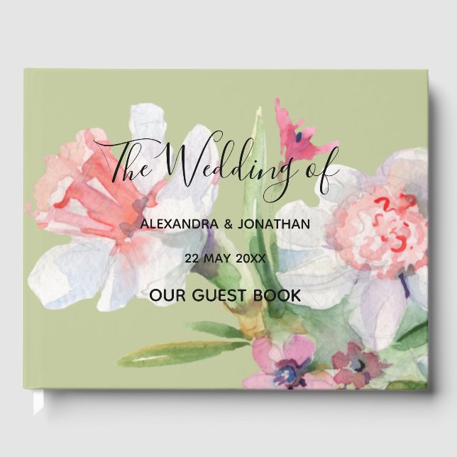 White Narcissus on Sage Floral Wedding Guest Book (Front)