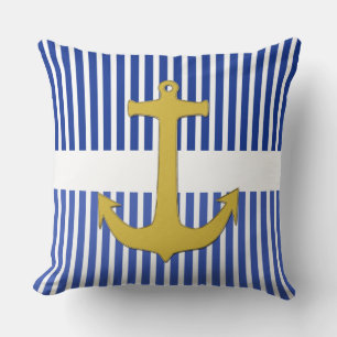 White Narrow Stripes & Anchor gold + your backgr. Cushion