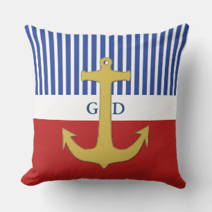 White Narrow Stripes & Anchor gold + your backgr. Outdoor Cushion