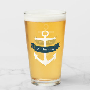 White Nautical Anchor & Navy Ribbon Family Name Glass