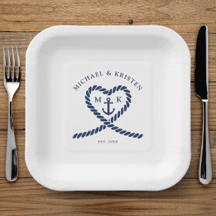 White & Nautical Blue Rope Heart Anchor Wedding  Paper Plate
