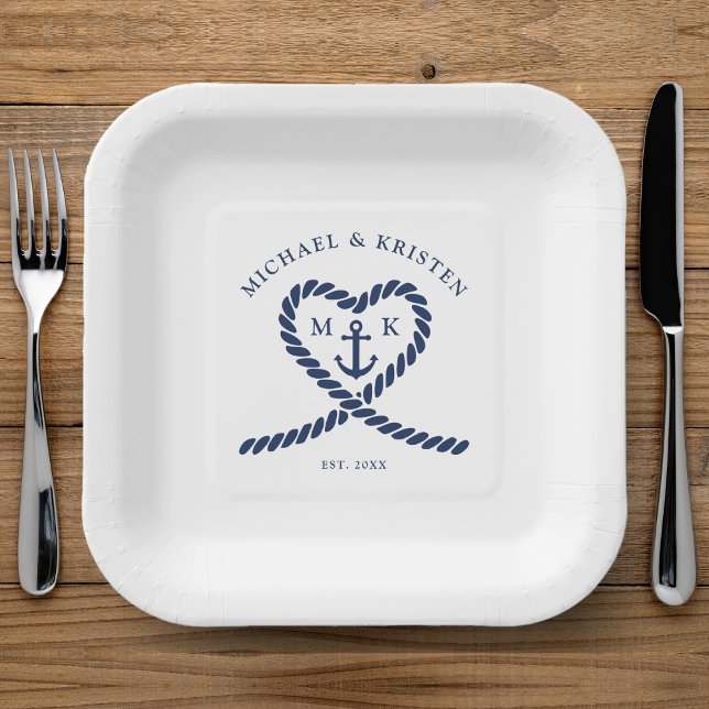 White & Nautical Blue Rope Heart Anchor Wedding  Paper Plate (White & Nautical Blue Rope Heart Anchor Wedding Paper Plates)