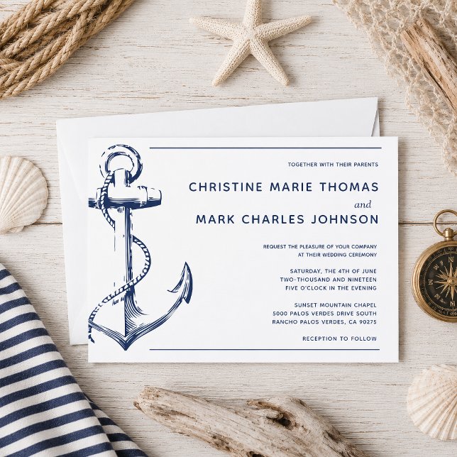 White Nautical Navy Ship Anchor Wedding Invitation (Tie the knot with this navy nautical sketch anchor wedding invitation.)