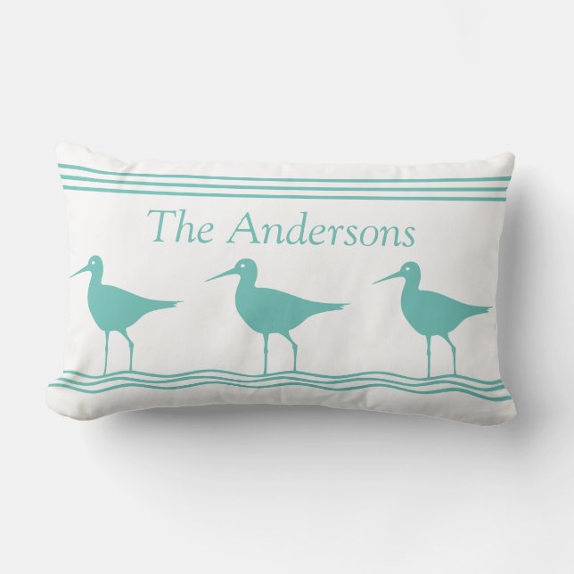 White Nautical Pillow Teal Blue Sandpipers (Front)