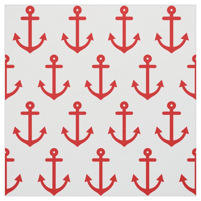 White Nautical Red Anchors Pattern Fabric (Swatch)