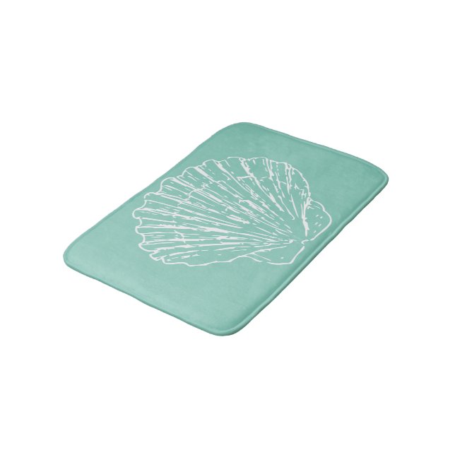 White Nautical Seashell On Seafoam Green Bath Mat (Angled)