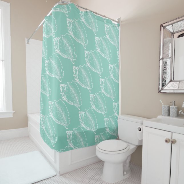 White Nautical Seashell On Seafoam Green Shower Curtain (In Situ)