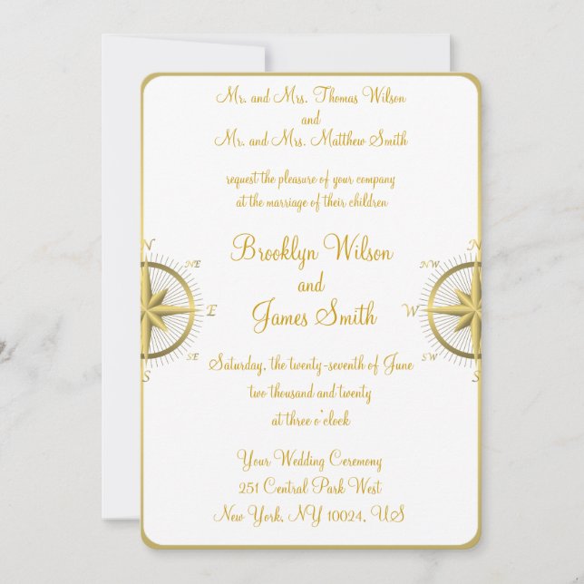 White Nautical Wedding Invitations Gold Compass (Front)