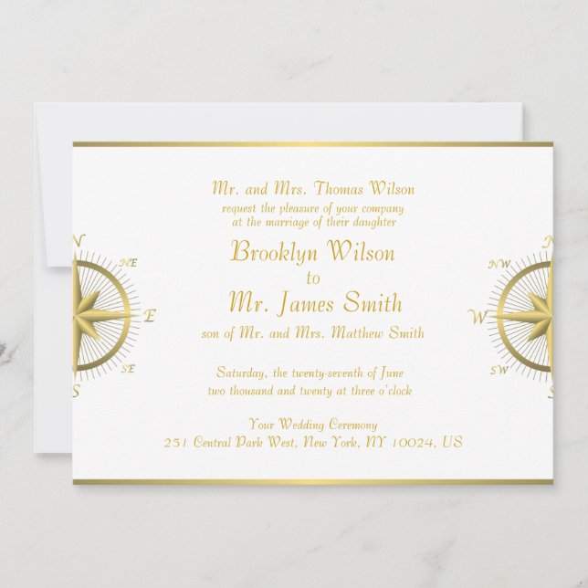 White Nautical Wedding Invitations Gold Compass (Front)