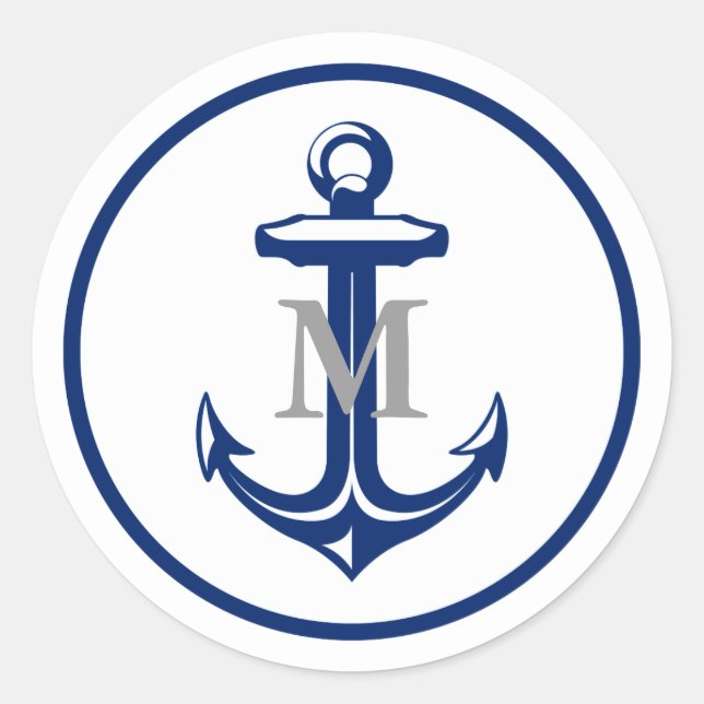 White Navy Blue Anchor | Monogrammed Classic Round Sticker (Front)
