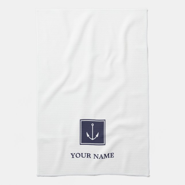 White Navy Blue Anchor Personalised Kitchen Towels (Vertical)