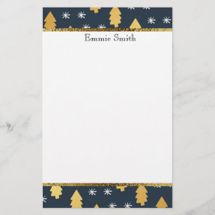 White Navy Blue and Gold Christmas Tree Stationery